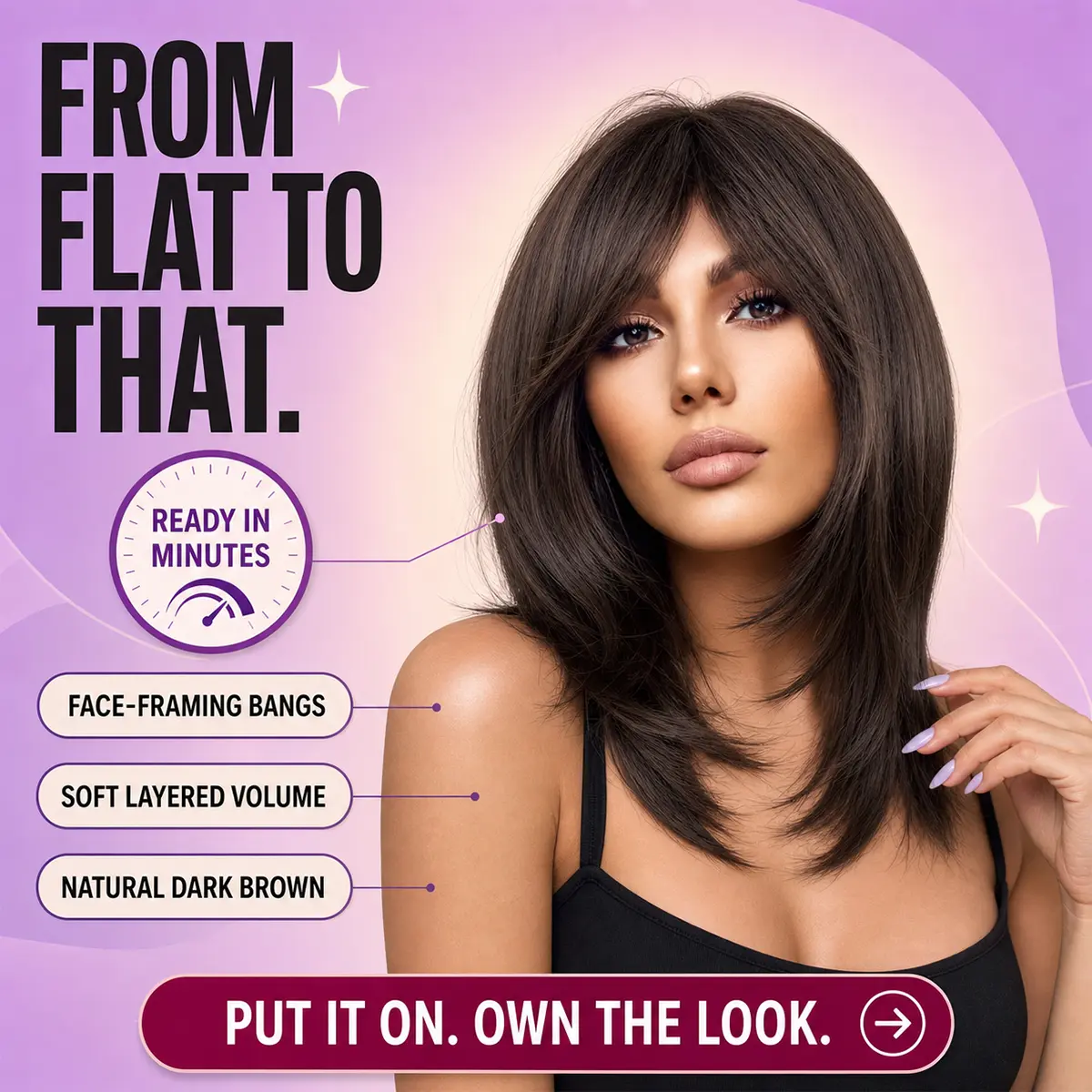 18 Inch Fluffy Layered Wavy Wig Face Framing Curtain Bangs Salon Look