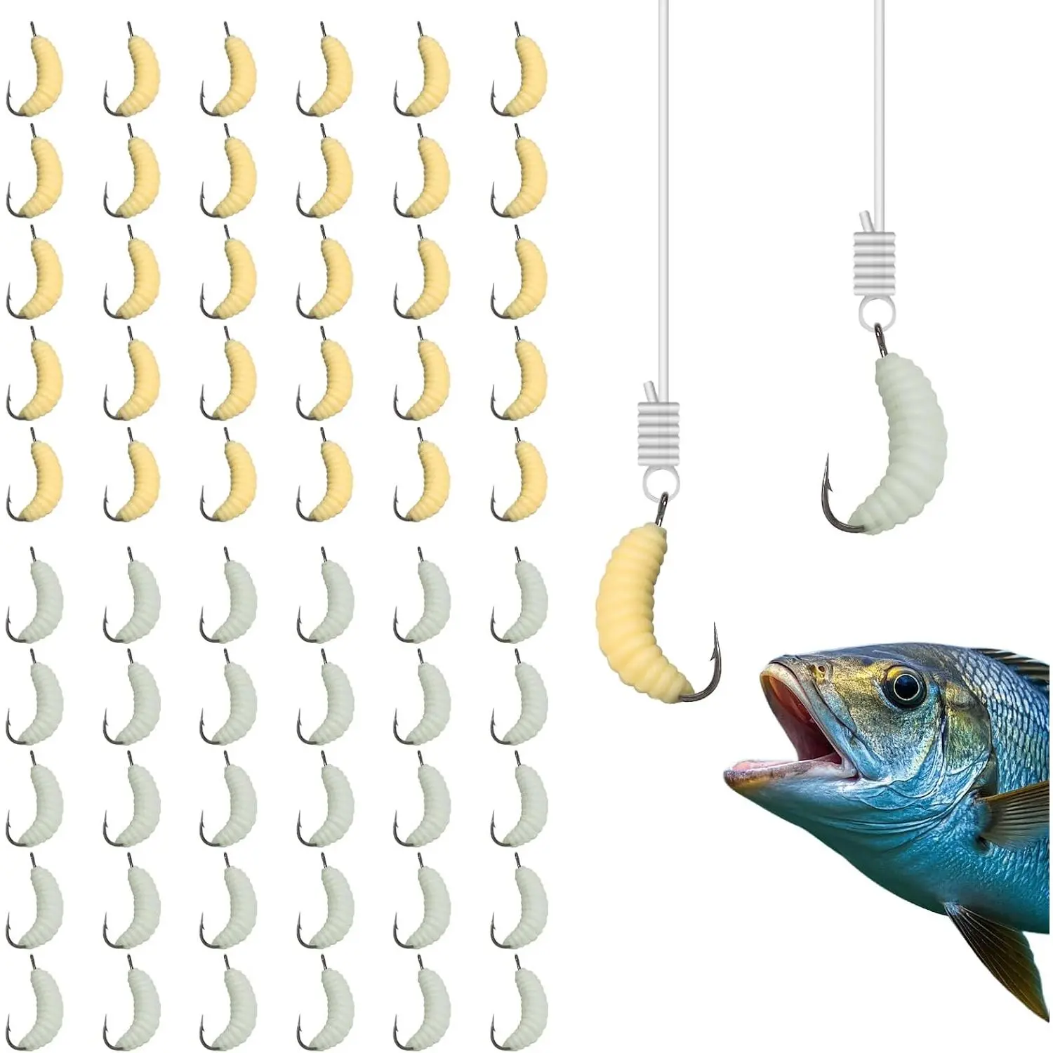 60 count Rubber Maggot Fishing Lures with Hooks – 30 count Regular + 30 count Luminous Glow Worms, 22mm Artificial Baits for Trout, Sunfish, Bluegill, Carp & Freshwater Fishing, Soft  Bulk Set