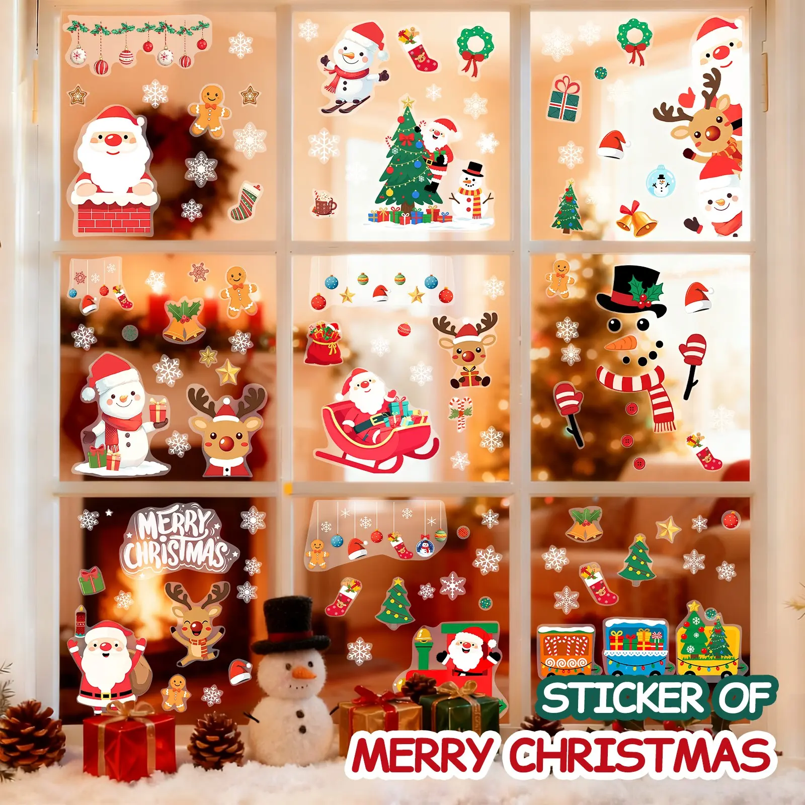 Christmas Window Stickers Set, 9 Pieces, 11.81x7.87 Inch, Pre-Cut Patterns, Removable Without Residue, Party Decorations