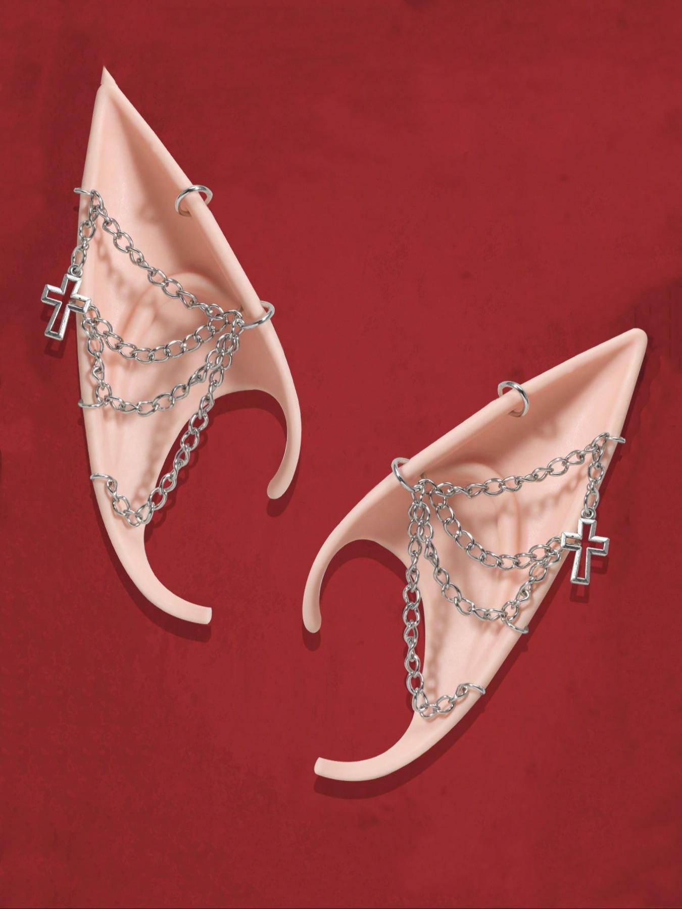 Punk Style Chain & Cross Decor Elf Ear, Fashionable Cosplay Accessories for Women & Girls, Trendy All-match & Exquisite Elf Ear for Cosplay, Party, Costume