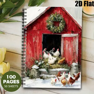 1 Christmas Red Barn Chicken Spiral Coil Notebook, 5.7x8.26 Inch, Blank/Line Pages, Durable Binding, Xmas Farmhouse Journal, Holiday Gift for Chicken Lovers, Winter Writing Notebook, Festive Stationery for Christmas [2D] Flat