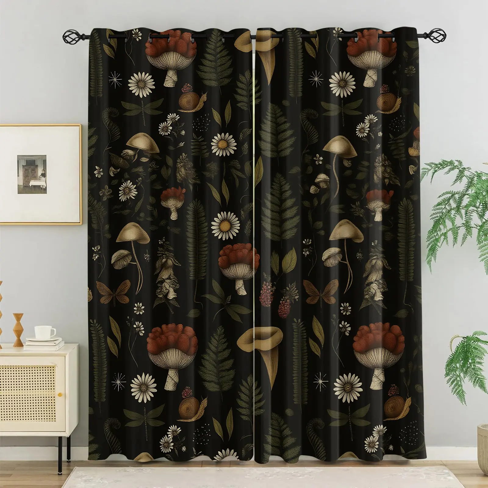 2 Panels Vintage Dark Mushroom Botanical Blackout Curtains, Boho Wildflower Fern Snail Moth Print Grommet Top Window Drapes, Thermal Insulated Washable Room Darkening Curtains for Bedroom Cottage Witchy Home Decor