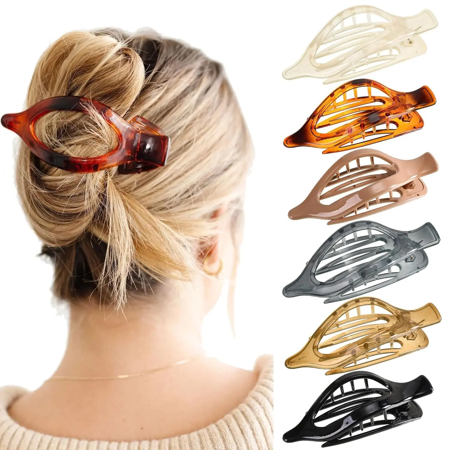 6PC Matte Tortoise Shell Hair Claw Clips, Flat Profile Oval Hollow-Out Geometric Hair Pins Clips, Minimalist Sports Headband Styling Accessories, Hair Clips, Resin
