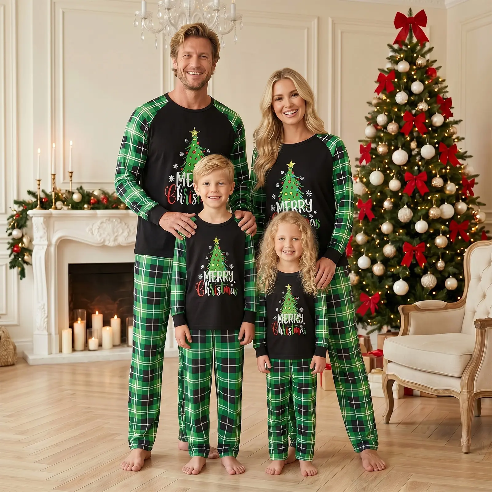 Christmas Family Matching Pajamas Set, Merry Christmas Tree Raglan Long Sleeve Top & Green Buffalo Plaid Pants, Family Holiday Matching PJs for Adults and Kids