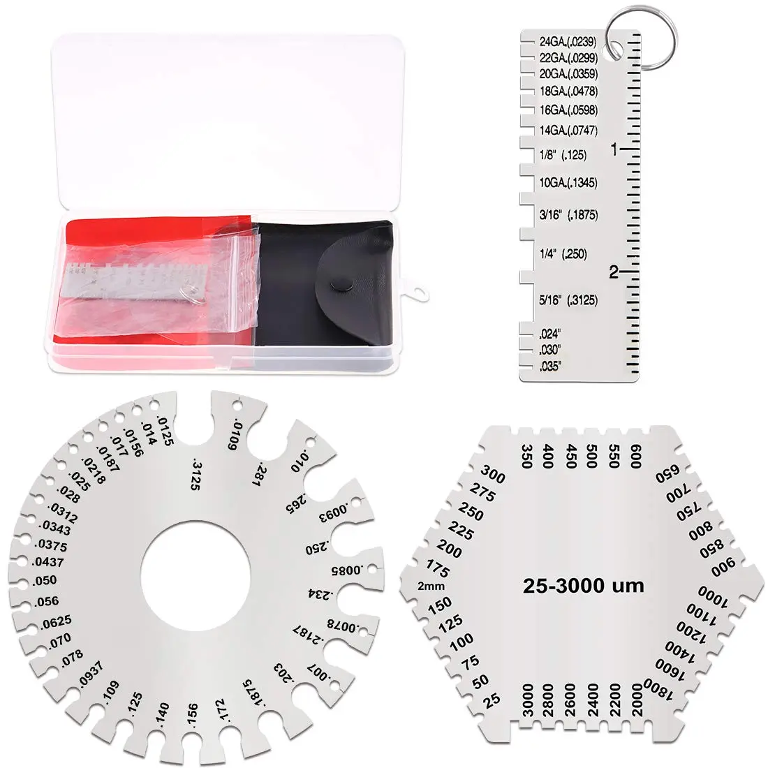 3 Pack Stainless Steel Welding Gauge Set, 25-3000um Wet Film Comb + Wire Metal Sheet Thickness Gauge + Round -Sided Wire  Sheet Gage Standard Thickness Metal Gauge AWG and SAE