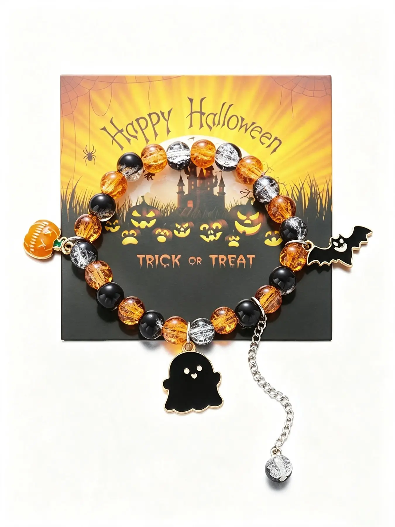 Hypoallergenic Halloween Beaded Stretch Bracelet with Ghost Haunted Castle Bat Pumpkin Charms, Crackle Crystal Beads Adjustable Bracelet Halloween Party Jewelry Gift for Unisex