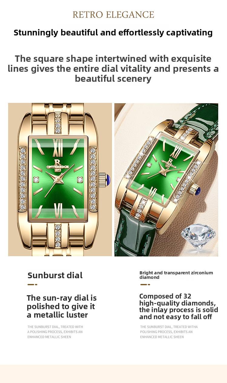 Women's Luxury Gold Rectangle Quartz Watch - Green Dial with Crystal Diamond Accents, Roman Numerals, Stainless Steel Band, Elegant Dress Wristwatch, Perfect Gift for Her