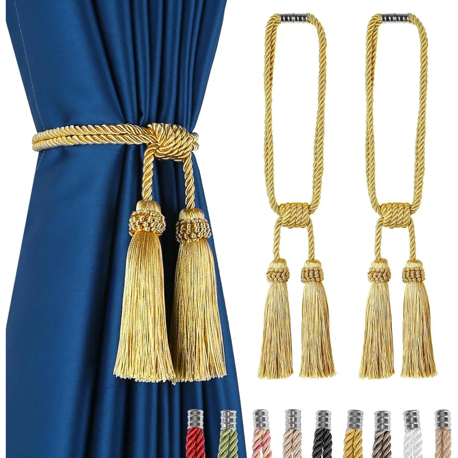 Gold Magnetic Curtain Tiebacks 2-Piece Set, Handmade Tassel Decorative Drapery Holdbacks, Modern Window Holders for Home Bathroom Decor, Two Piece Set