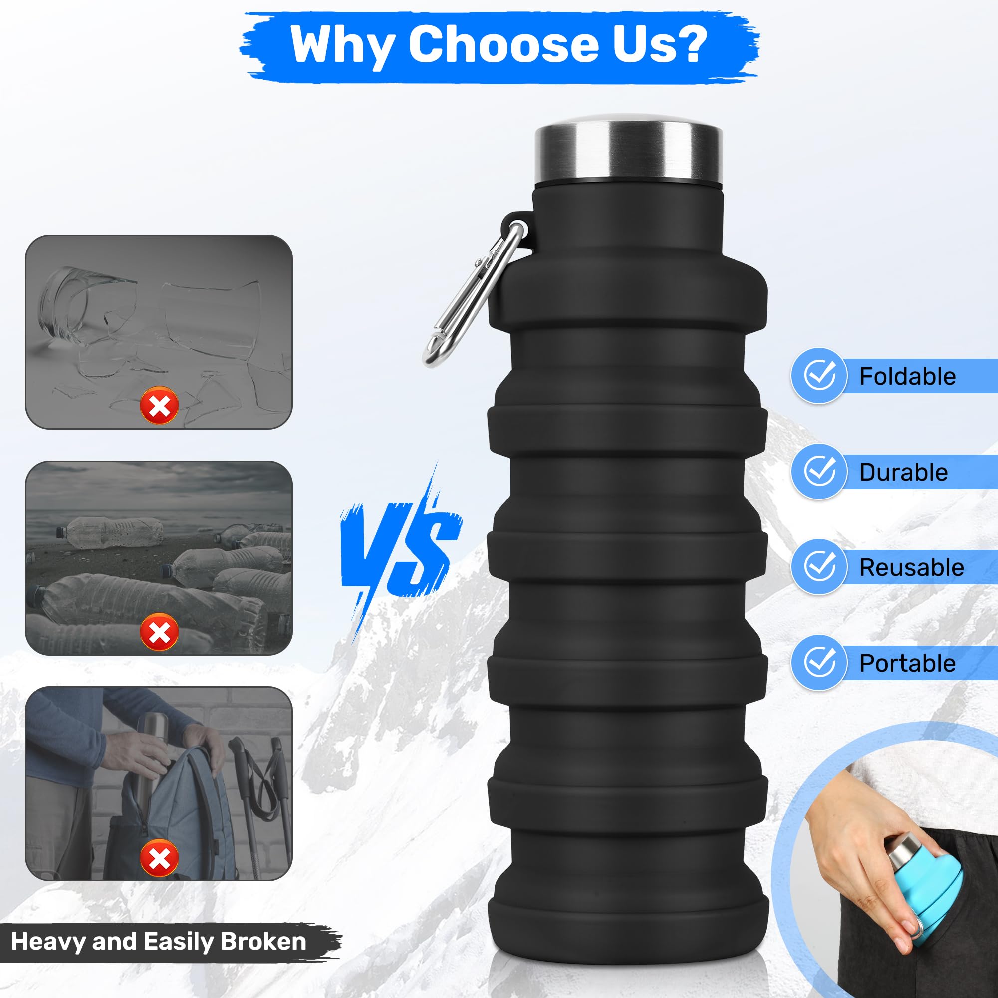 Collapsible Water Bottle, Leak-proof Foldable Reusable Bottle with Carabiner, Summer Cool Bottle Portable Outdoor Sports Water Bottle for Travel Sports Gym Hiking Camping Cycling, Silicone Bottle, Leakproof Water Bottle, Reusable Water Bottles