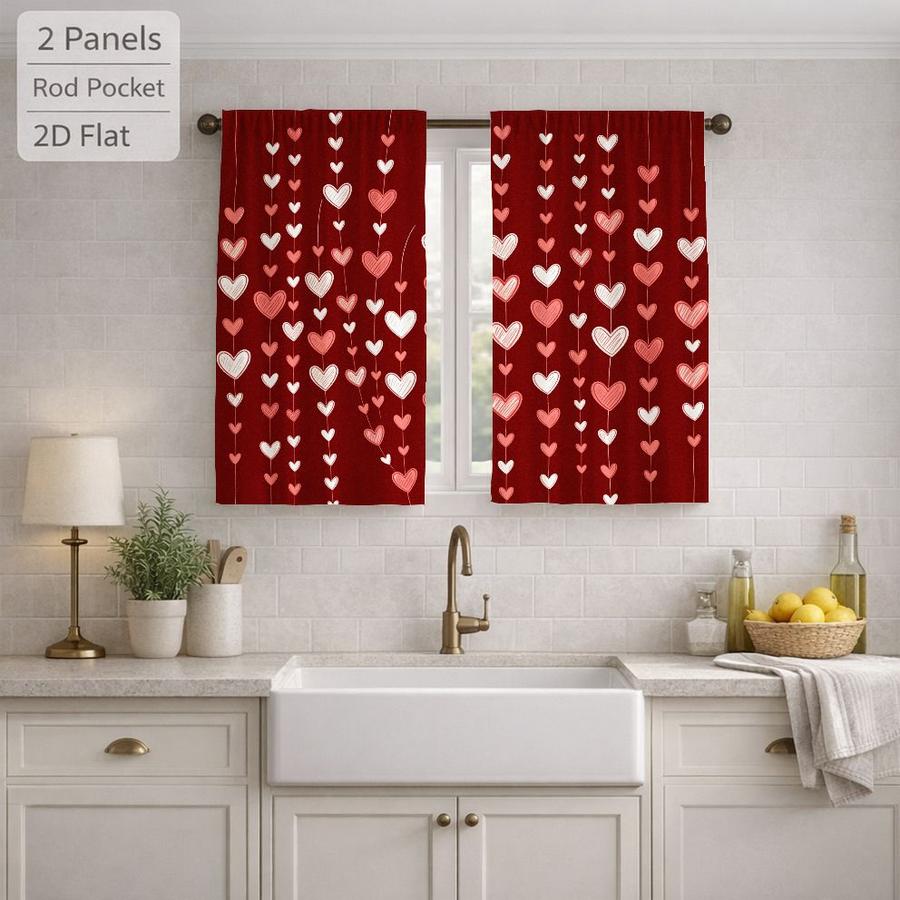 2Pcs Romantic Red Heart Pattern Sun Blocking Curtains Digital Printed Rod Pocket for Bedroom Office Kitchen Living Room Study Home Decor Soft Light Filter Easy Installation