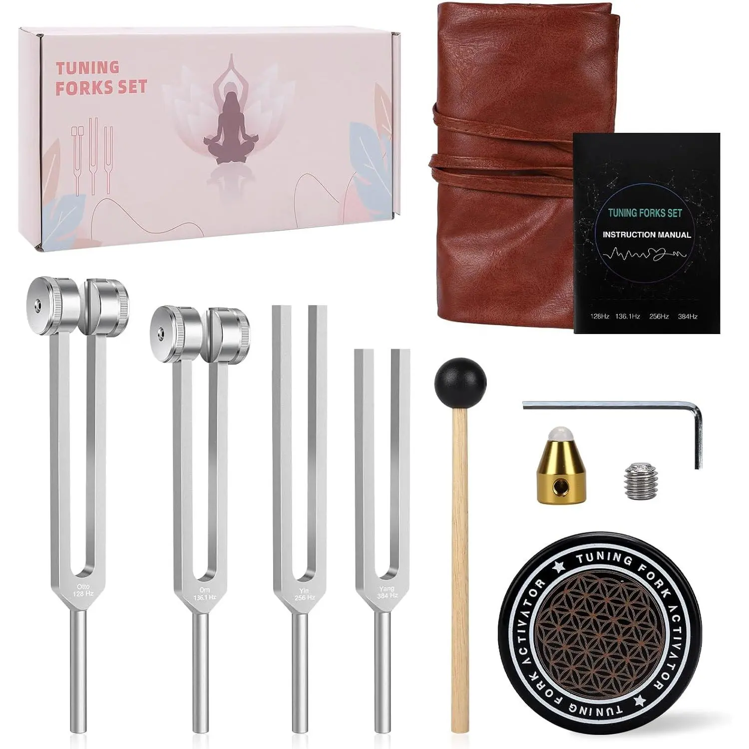 Multiple Freq.Pure Tones Tuning Fork Kit - 128Hz, 136.1Hz, 256Hz, 384Hz Healing Set, Pure Frequency Sound Healing Instruments for Meditation, Yoga