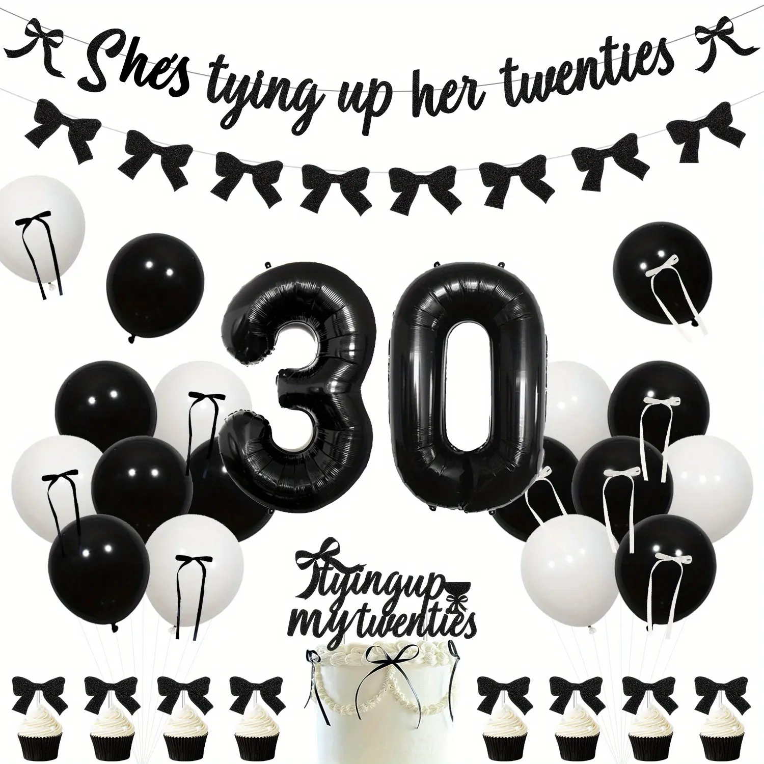 1Set Black Bow 30th Birthday Party Decorations Glitter Shes Tying up Her Twenties Banner Vintage Coquette Bow Garland Cake Toppers Bow Tie Ribbon Number 30 Foil Balloon for Woman Rip 20s Birthday Supplies