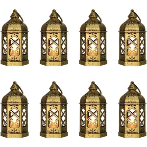 8-Pack Mini Lanterns with Flickering LED Candles for Ramadan, Small Decorative Hanging Lanterns for Halloween, Christmas, Wedding, Gold Lantern for Table Centerpiece, Garden Party Decor