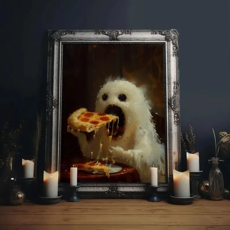 Funny Ghost Pizza Pirate Framed Wood Canvas Print - Cotton Artwork, Spooky Halloween Home Decor for Room