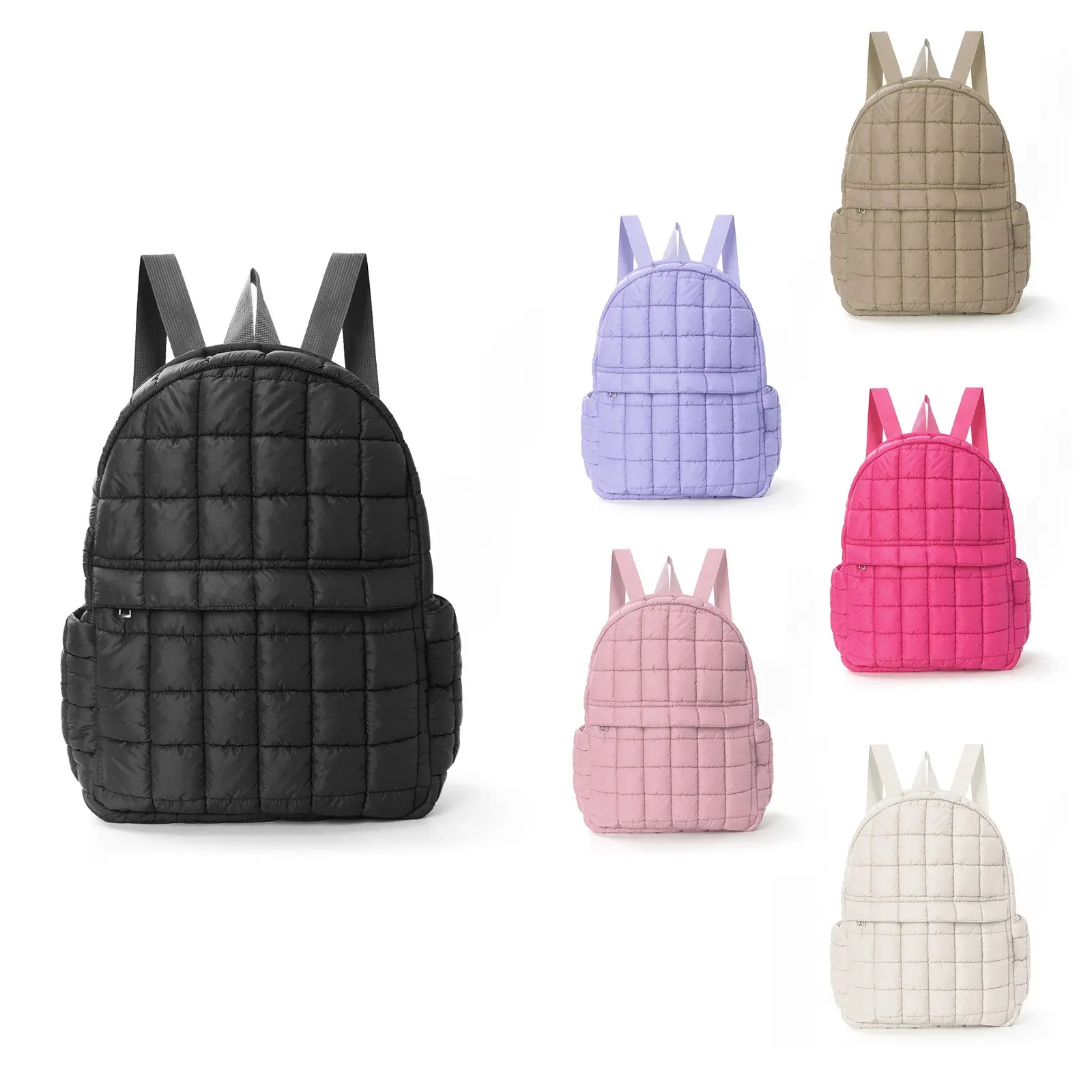 Black Grid Quilted Puffer Backpack, Lightweight Nylon Daypack, Square Padded Casual Women Shoulder Bag, Multi Pocket Adjustable Strap Portable Backpack for School Shopping Travel Daily Outdoor