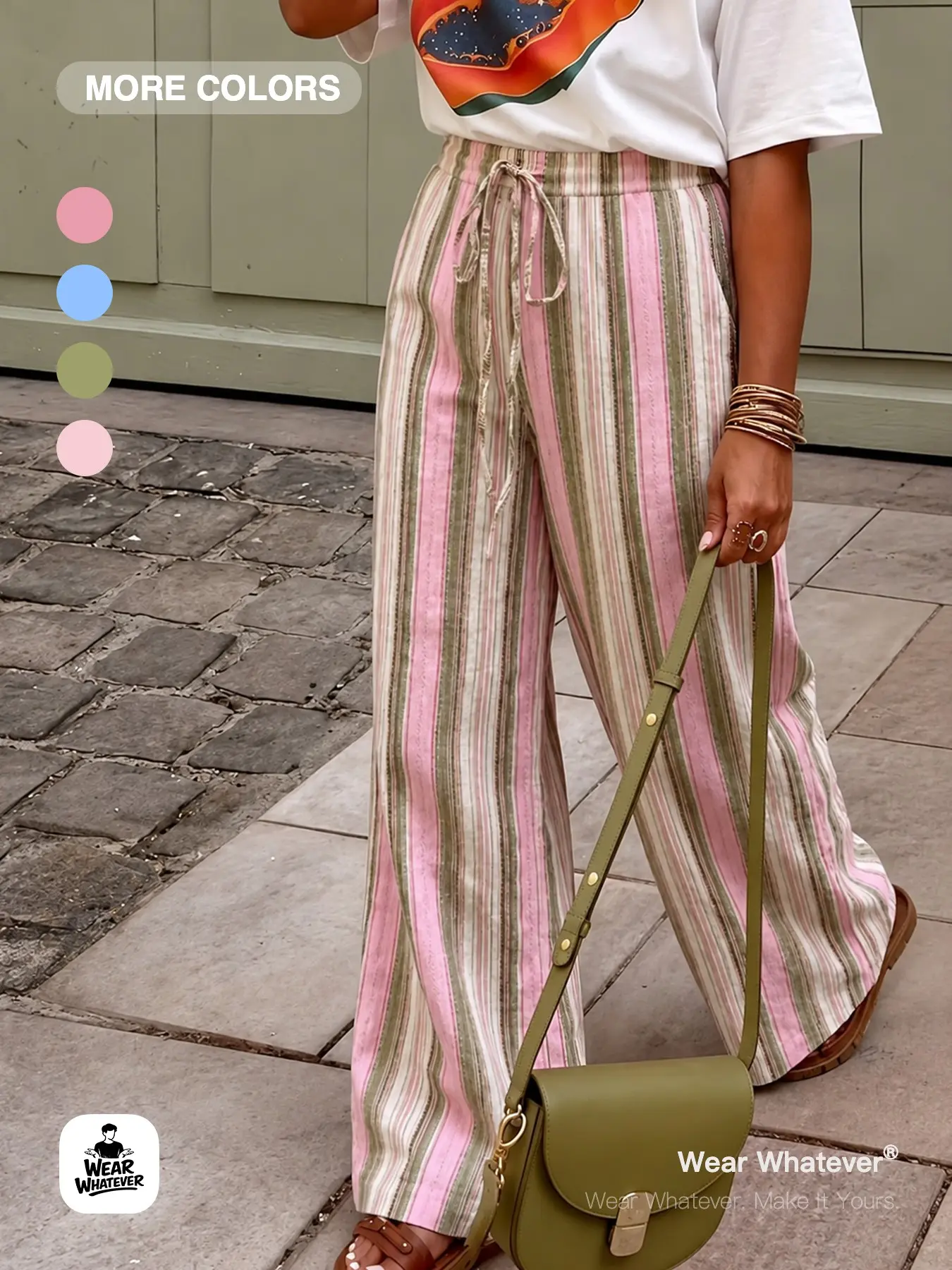 Wear Whatever Women’s Pink Striped Wide Leg Pants, High Waist Loose Fit Drawstring Casual Style Bottoms Beach Vacation Pants for Summer Outfit
