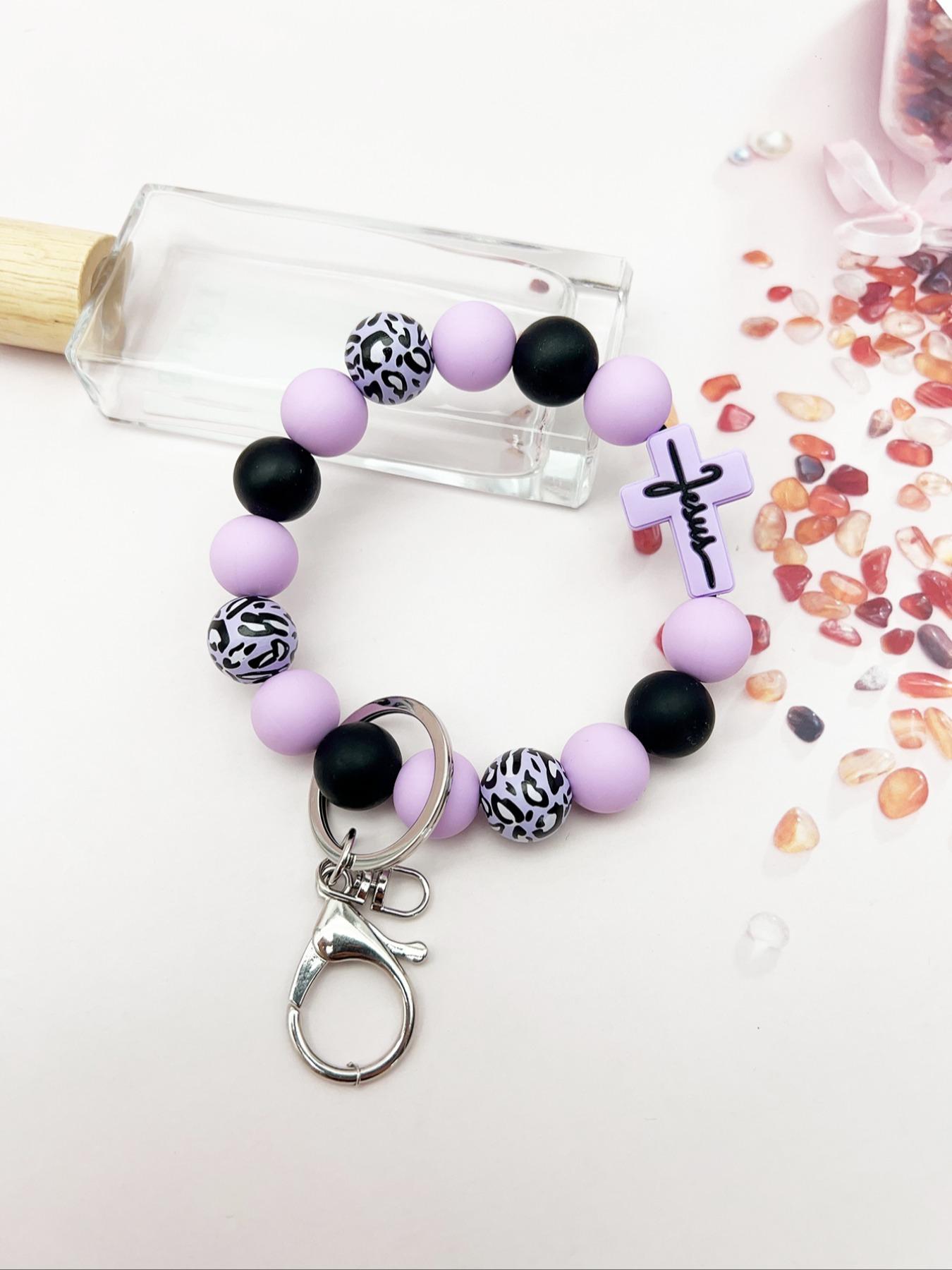 Leopard Wood Beads Keychain, Multi-colored Silicone Beads, Crossover Letters Bag Pendant, Car Key Pendant, Gift for Friends