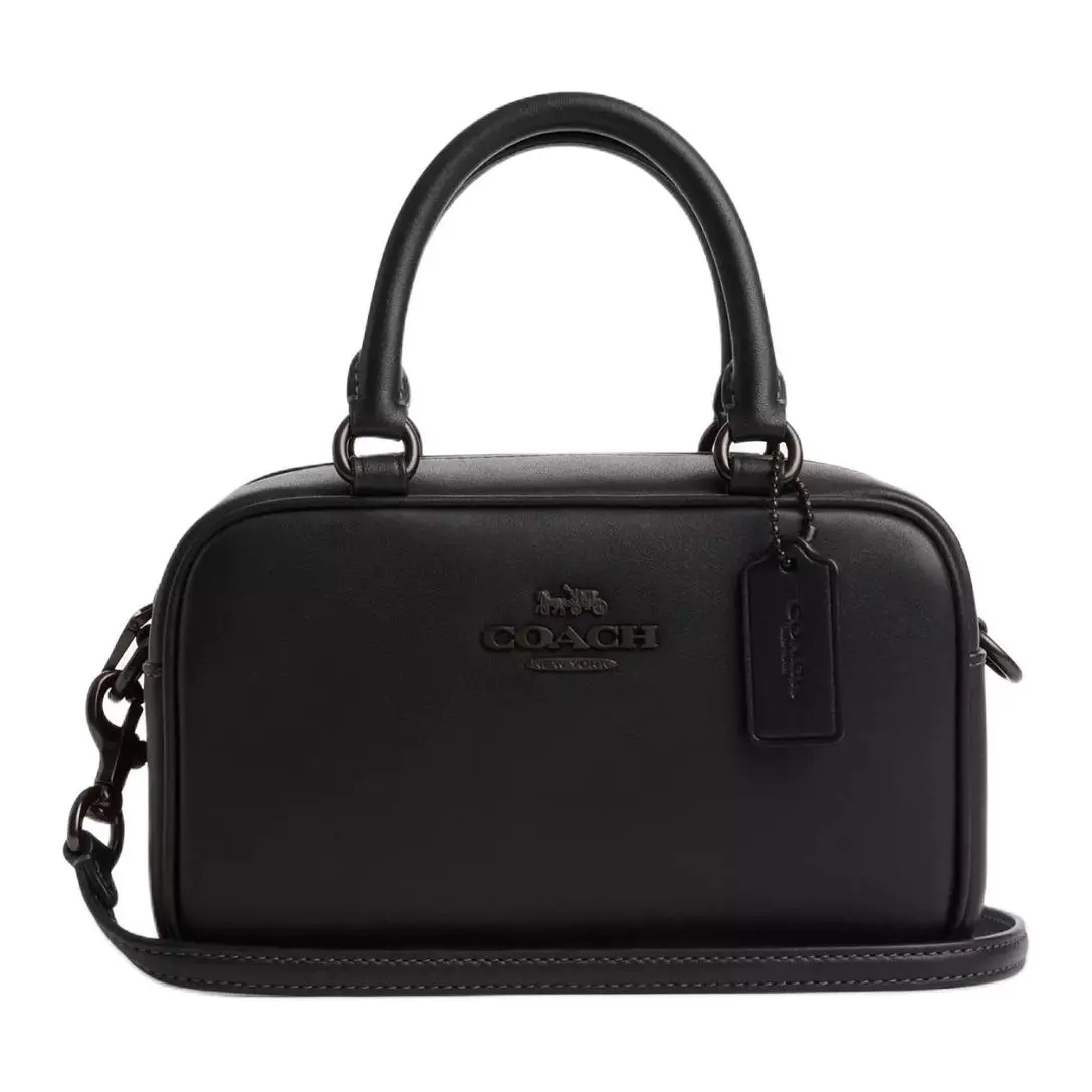 Coach Satchel 19 Monogram Leather Bowling Bag for Women, Crossbody Shoulder Handbag, Small, Black