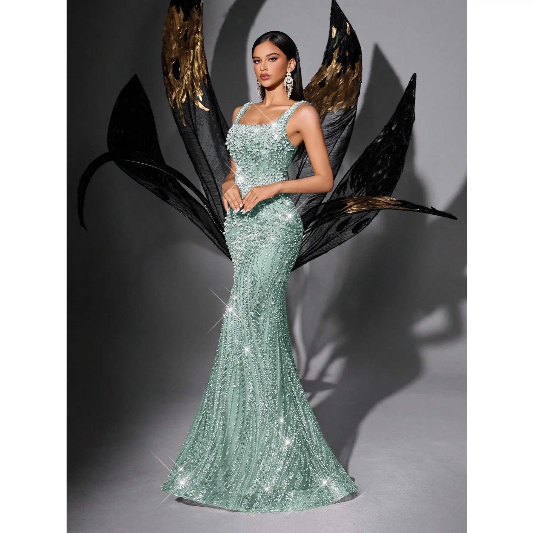 Mint Blue Square Neck Backless Mermaid Evening Gown Full Beaded Rhinestone Sleeveless Bodycon Formal Dress Elegant Floor Length Prom Gala Wedding Party Gown Adjustable Waist Tightness Womenswear