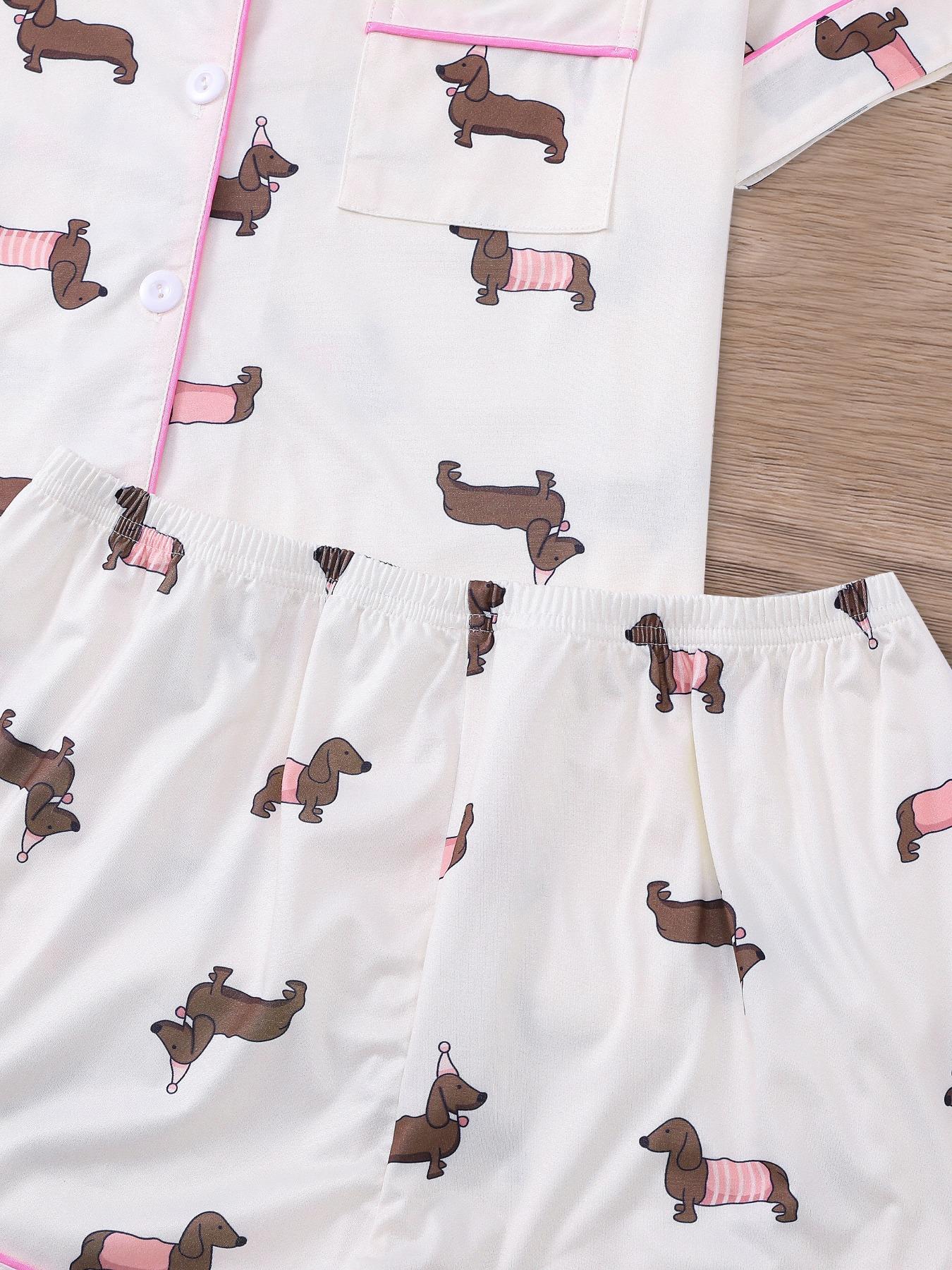 Women's All Over Dachshund Print Shirt & Elastic Waist Shorts Pyjama Two-piece Set, Casual Comfy Short Sleeve Collared Top & Shorts PJ Set, Ladies Sleepwear for All Seasons, Loungewear, Pajama Set, Pajamas
