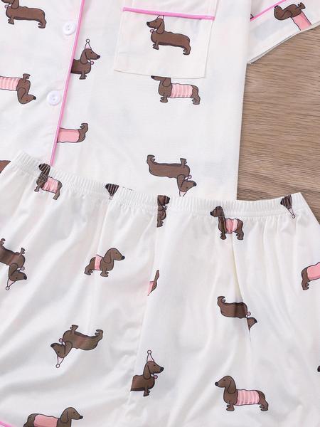 Women's All Over Dachshund Print Shirt & Elastic Waist Shorts Pyjama Two-piece Set, Casual Comfy Short Sleeve Collared Top & Shorts PJ Set, Ladies Sleepwear for All Seasons, Loungewear, Pajama Set, Pajamas