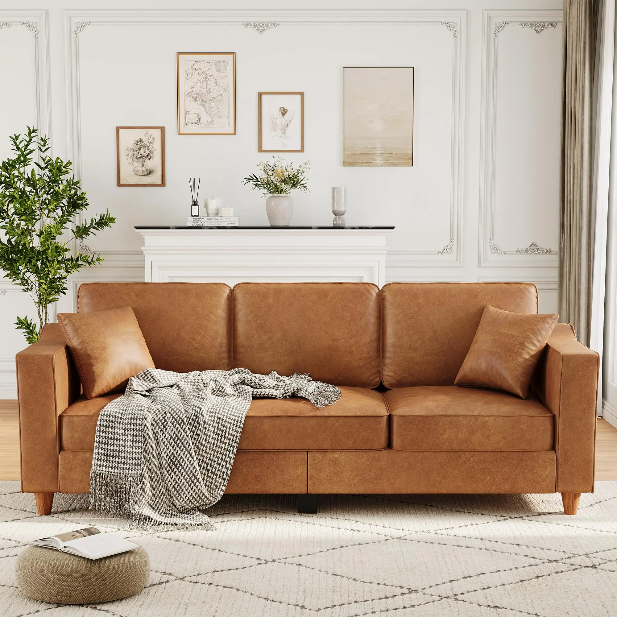 GAOMON Modern 85-Inch 3-Seater Faux Leather Sofa Couch for Living Room - Wide Armrests, Wood Legs, Deep Seats, Back Cushions, 2 Throw Pillows, Sturdy Feet - Available in Brown, Dark Brown, Olive Green for Office