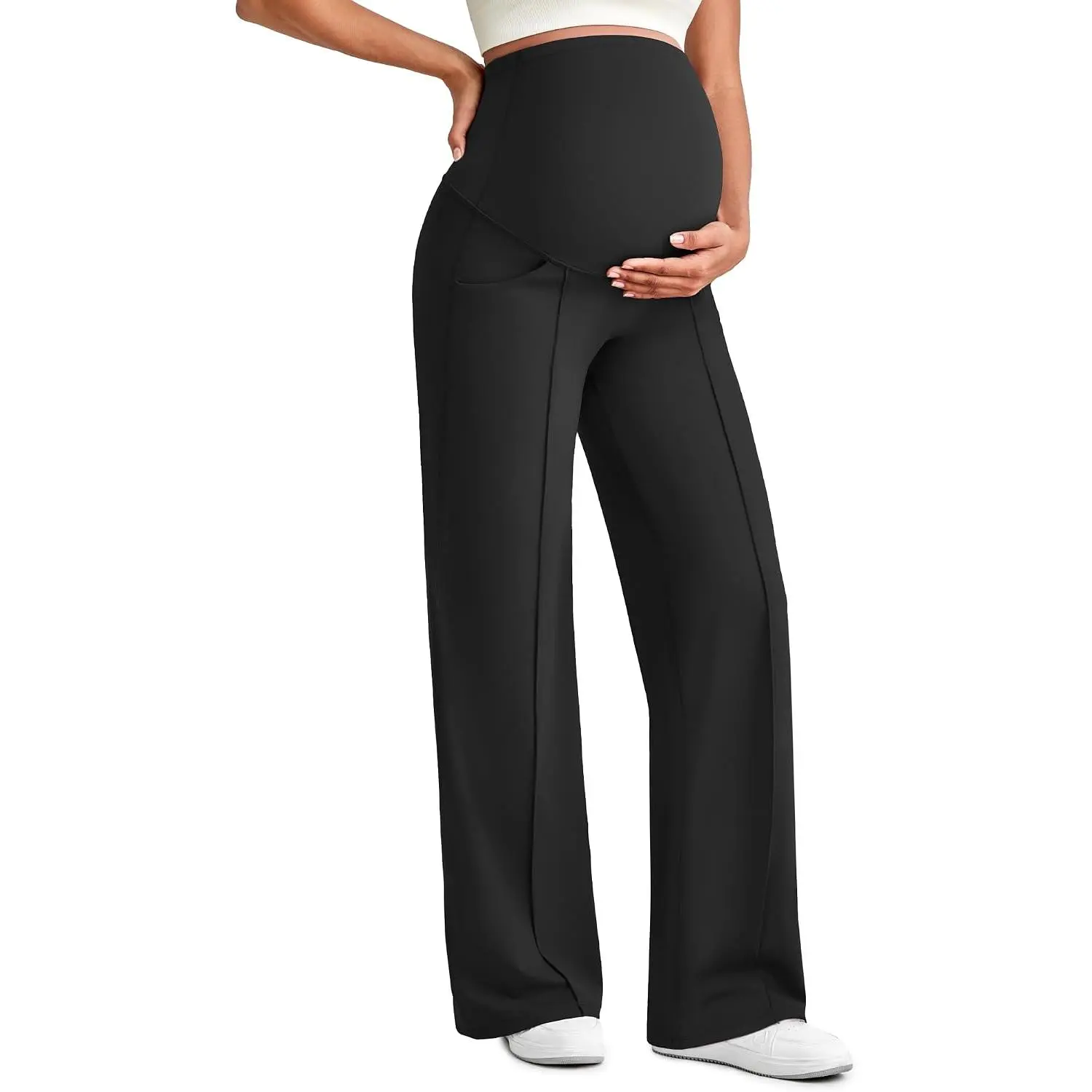 Maternity Dress Pants Pregnancy Trousers Over the Belly| Front Seam,Two Side Pockets,Wide Leg,Sleek Soft,Slightly Brushed,Full Belly Coverage,for Work Casual Wear