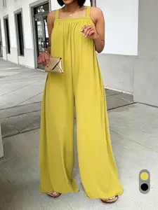 2026 Summer Bestseller Women's Square Neck Halter One-Piece Pants, Loose Wide Leg Sleeveless Romper, Solid Color Beach Vacation & Casual Wear
