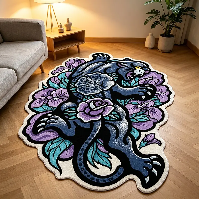 Vintage American Tattoo Leopard Rose Rug, Boho Style Irregular Carpet, Soft Non-Slip, for Living Room, Bedroom, Entryway, Boho Printed Rug