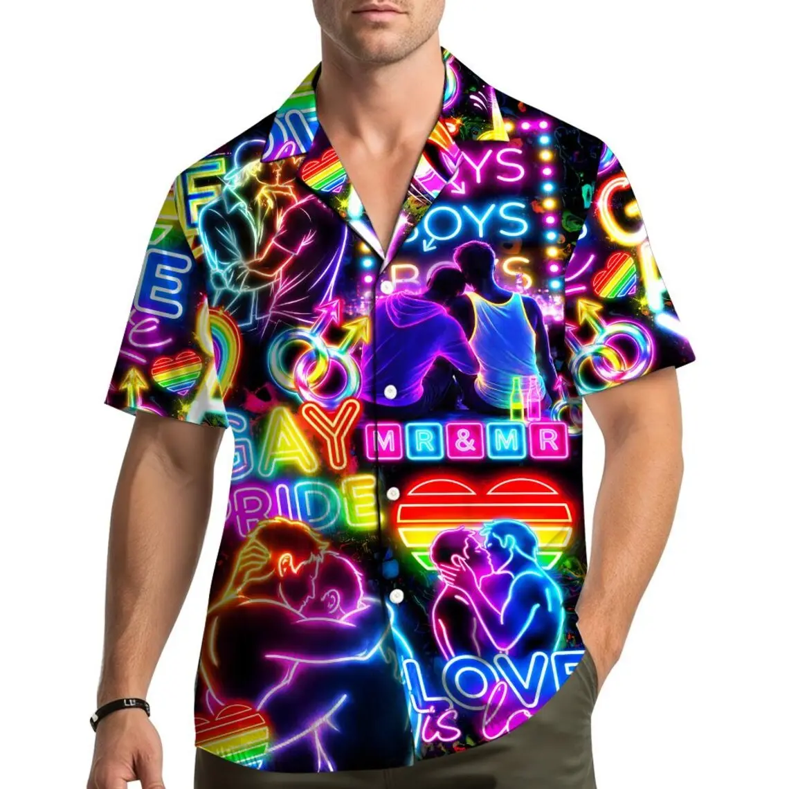 LGBT Pride Hawaiian Shirt for Men Women, Neon Gay Love Print Button Up Shirt, Rainbow Pride Shirt, Love Is Love Festival Outfit