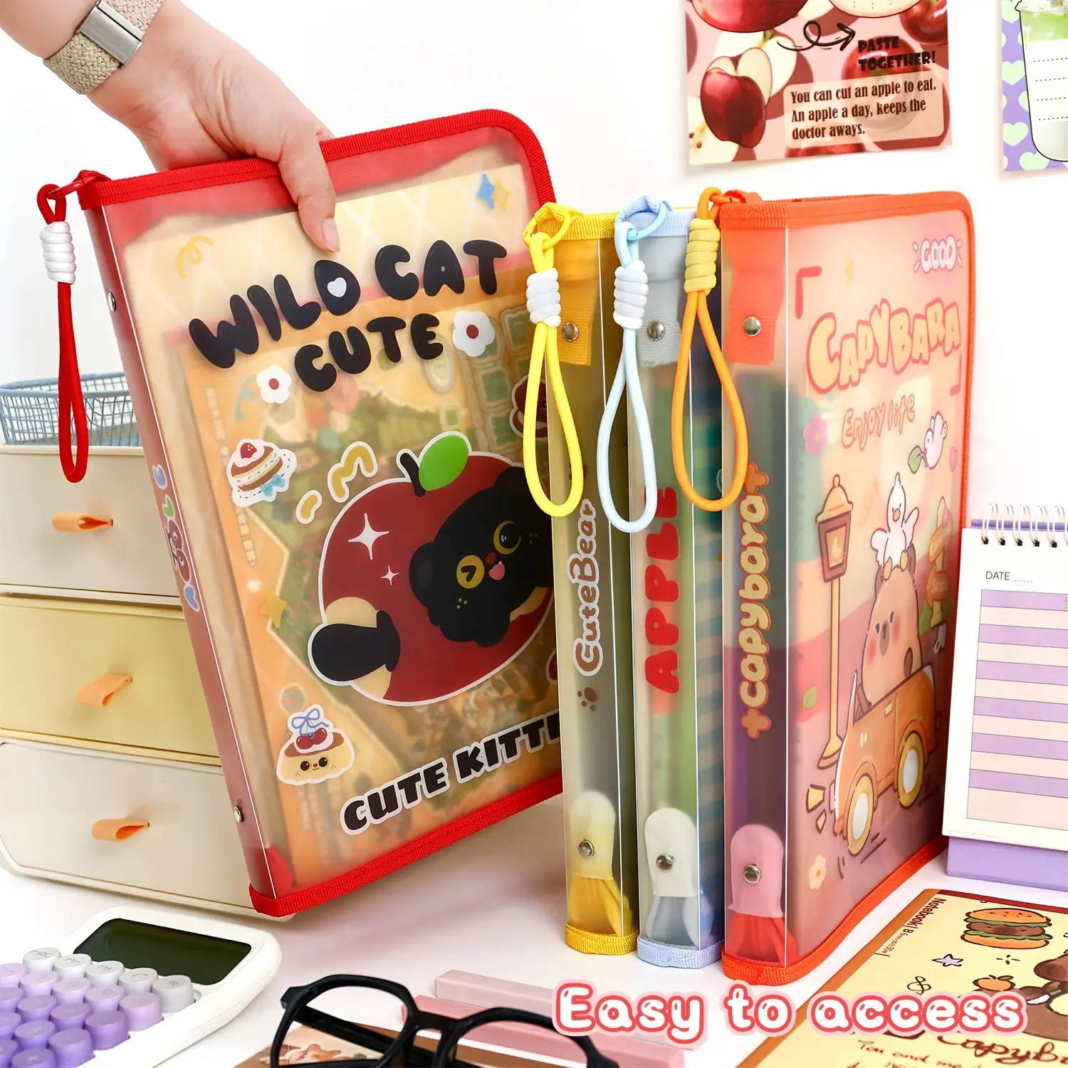 Cute Cartoon Zipper File Folder, A4 Large Capacity, Capybara, Apple, Little Bear, Cat Themes, Office Document Organizer