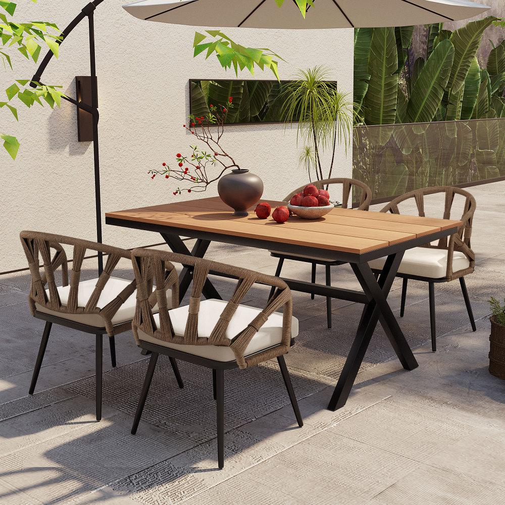 Contemporary Outdoor Set with PE Rattan Chairs and Plastic Wood Table, pool furniture ,backyard porch Suitable for Gardens and Lawn
