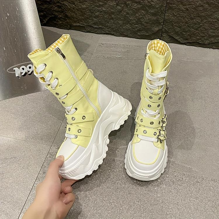 Chunky Platform Thick-Sole Height Increase 1.38 1.97 Lift Lace-Up Round-Toe All-Season All-Terrain Traction Low Heel Rubber Sole Fabric Upper Casual Athletic Wear Brown Black Easy-Clean Hand Washable