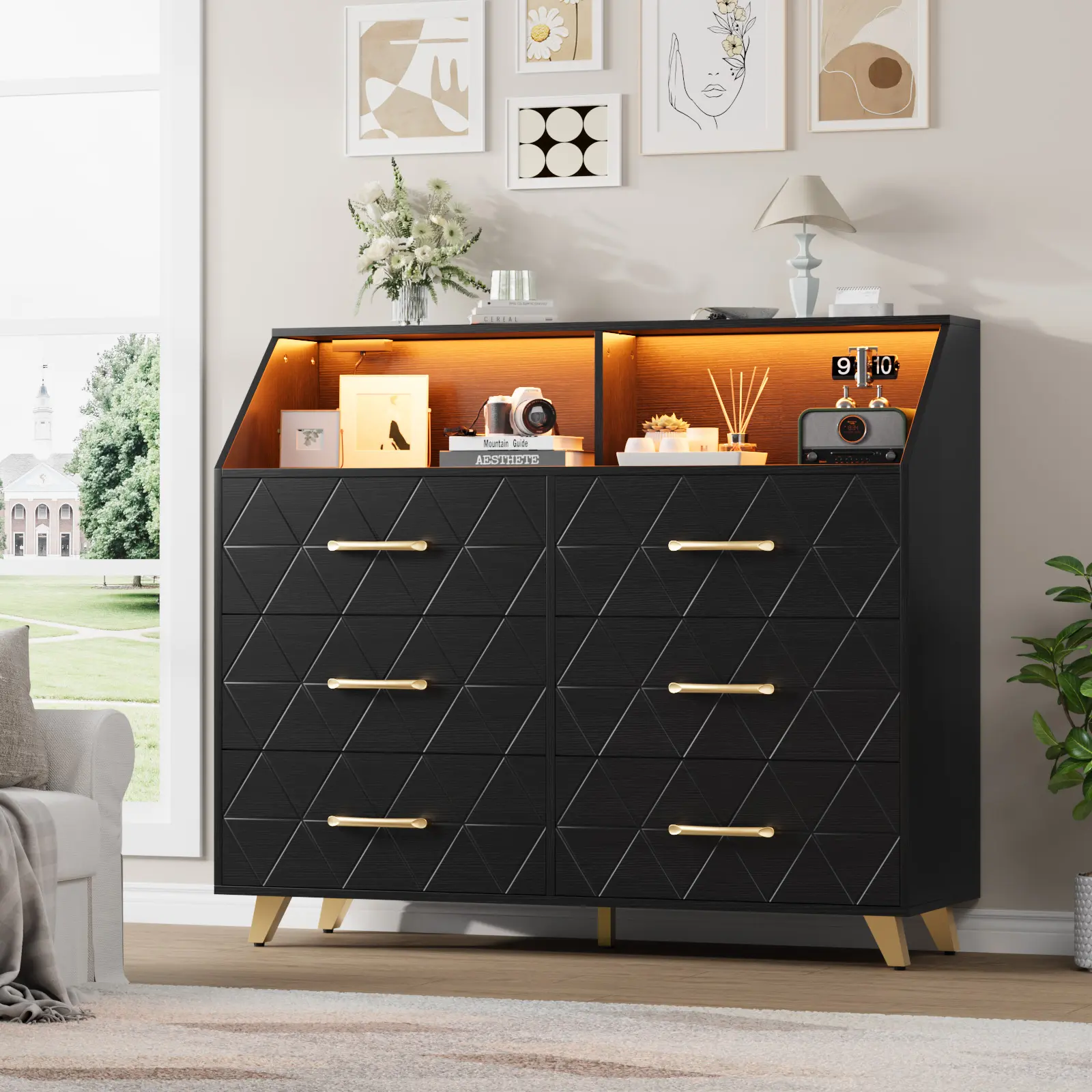 Modern 6-Drawer Wooden Clothing Storage Cabinet - Cupboard Furniture with Built-in LED Mood Lighting, App/Remote Dimming & Charging Station, Decor Metal Handles, Multi-Purpose Modern Chest Drawers for Bedroom, Hallway, Clothing Storage Cabinets, Slim Top