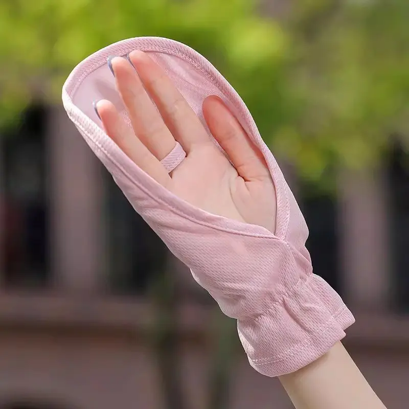 Women's Ice Silk Sun Protection Gloves, Summer Driving UV Blocking Breathable Open-Finger Outdoor Shade Thin Lightweight Gloves