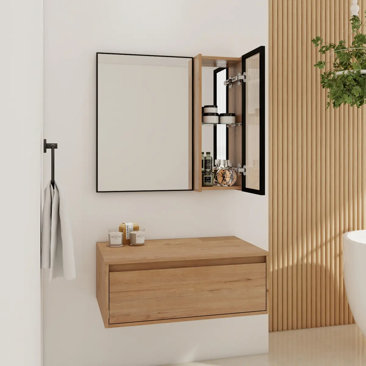 30in Wall-Mount Large Size Rectangular Floating Vanity Dressing Table - Pre-Assembled Black Aluminium Frame Main Cabinet, Acrylic Door, Organizer Mirror for Bathroom, Entryway (Note: Avoid Acid-Based Cleaners)