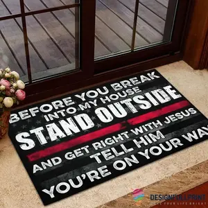 Funny Firefighter Welcome Doormat, Thin Red Line Flag Front Door Rug, Unique Fireman Gift, "Before You Break Into My House" Warning Mat, Non-Slip Rubber Backing, Durable Outdoor Entrance Decor for Home, Porch & Housewarming