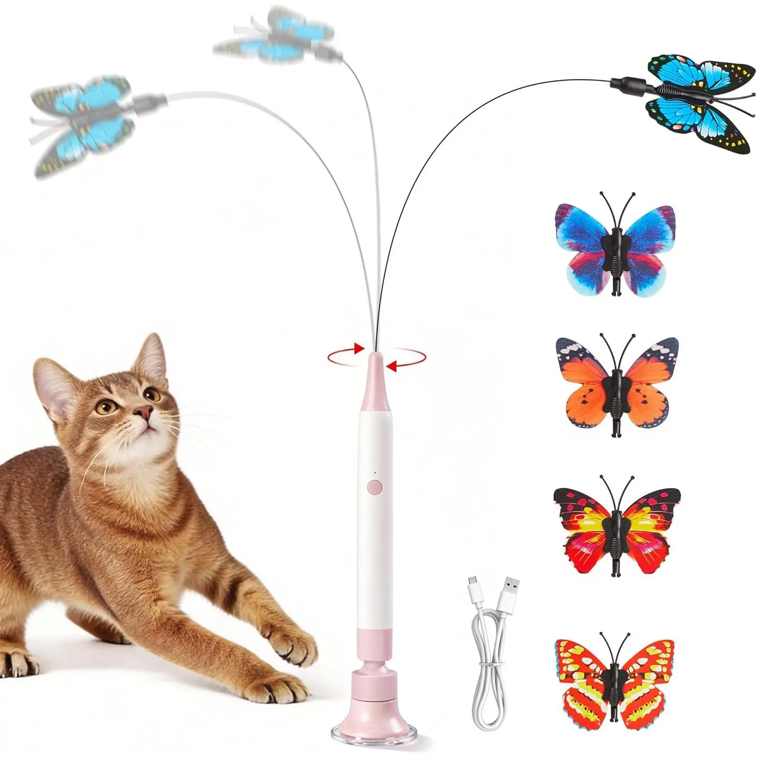 Spinning Butterfly Cat Toy Wand – Rechargeable Electric Touch-Activated Interactive Cat Teaser with Suction Cup, Self-Play & Handheld Modes, Durable Automatic Play for Indoor Kittens and Cats ,teasertoy for cat,rechargable cat toy