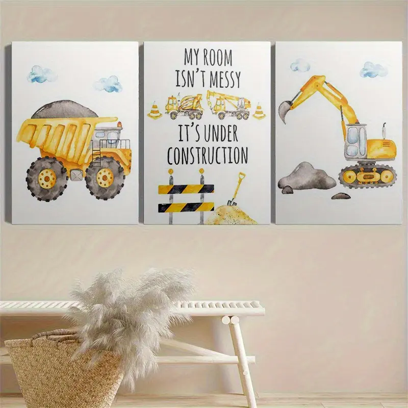 08x12inch(20x30cm) 3Pcs Wooden Frame Canvas Prints - Vehicles (Construction Trucks, Excavator, Dump Truck) Art - Modern Minimalist Waterproof Posters for Indoor Bedroom, Living Room Home Decor, Indoors