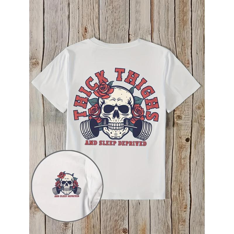 Menswear Men's Fitted Short-Sleeve Pure Cotton White T-Shirt - Spring/Summer Knitting Top with Skull, Floral, Dumbbell Health Motivational, Cartoon Prints, Hangable Fold, Micro Elastic Fabric