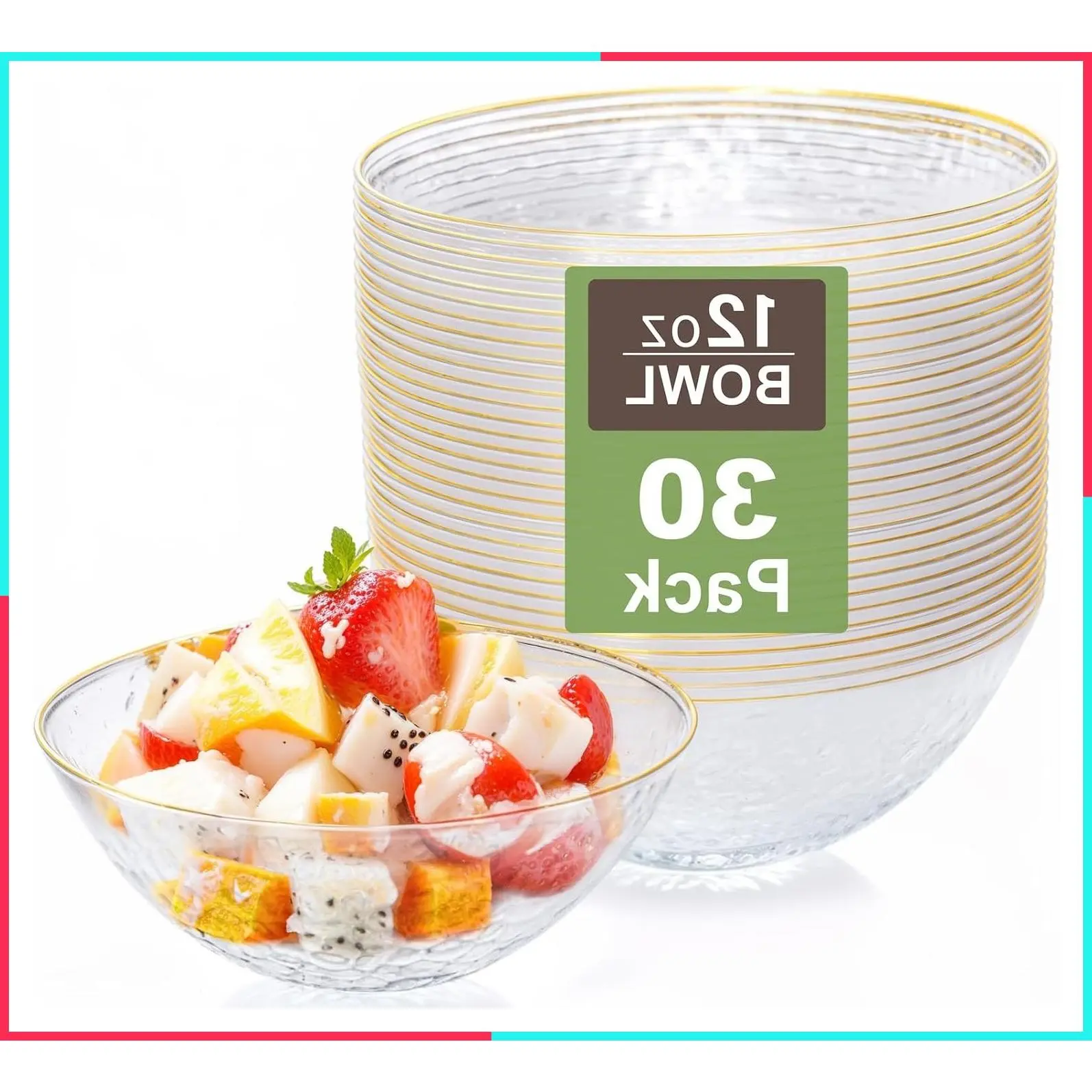 30 Pack Clear Disposable Plastic Bowls with Gold Rim, 12-16oz Premium Heavy Duty Soup Bowls for Party, Wedding and Holiday