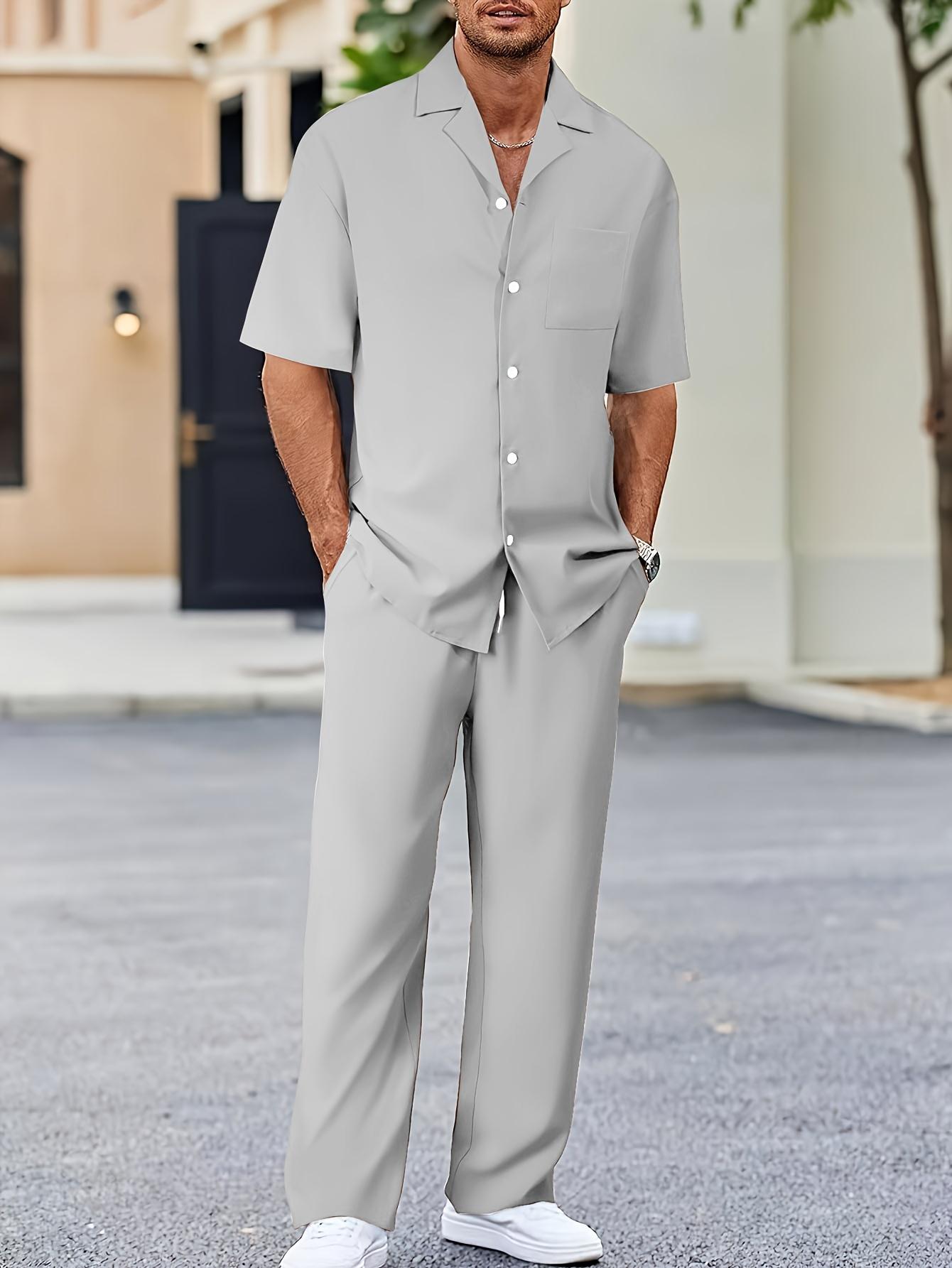 Men's Casual Set - Suit-Inspired Short Sleeve Shirt & Loose Straight Pants - Polyester, Machine Washable