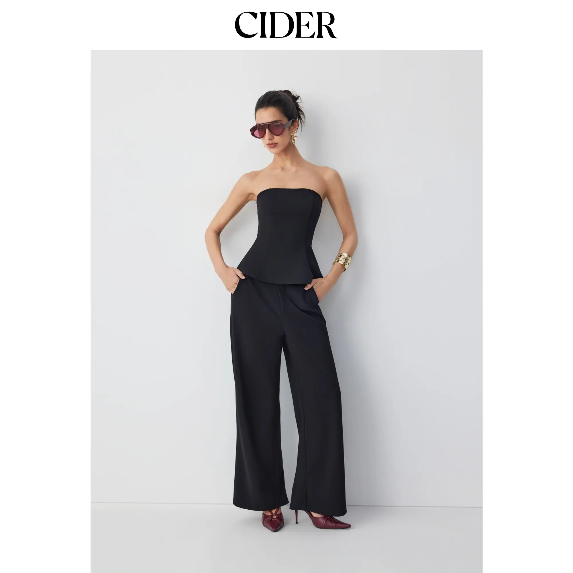Cider Peplum Bandeau Top & Mid Rise Straight Leg Trousers Set