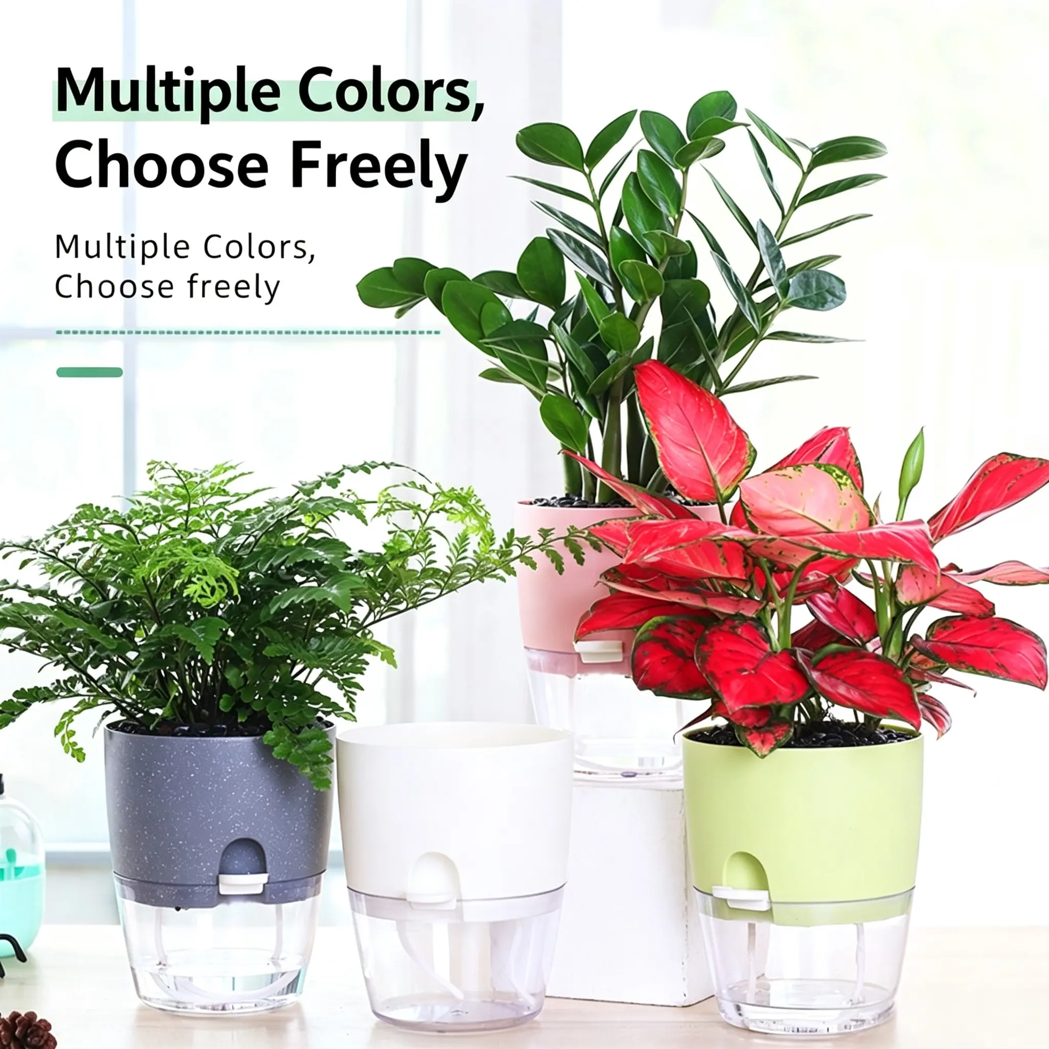 2-Pack Self-Watering Balcony Pots, Large Indoor Automatic Watering Planters, Transparent Dual-Layer Resin Flower Pots, Home Office Use