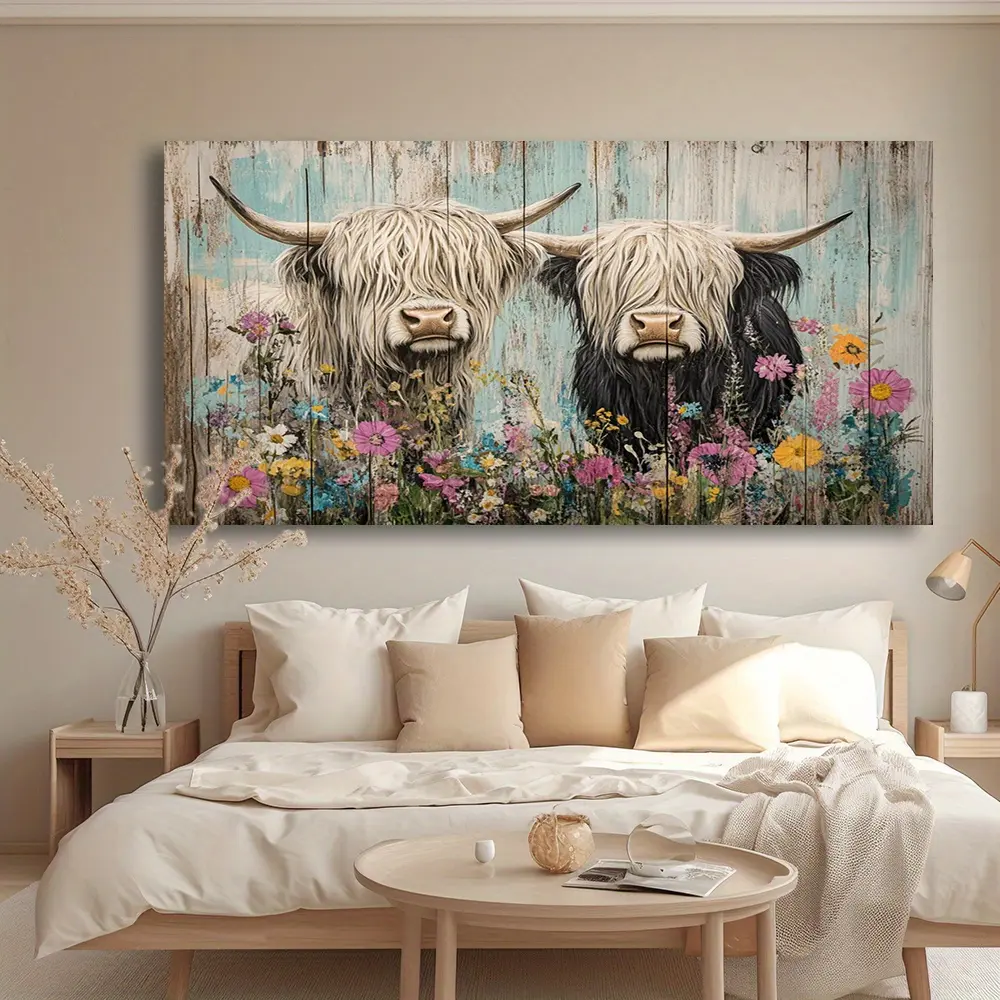 Highland Cows Canvas Wall Art - Modern Abstract Painting with Vibrant Wildflowers, 1.5-inch Framed, High-Quality Print for Living Room, Bedroom, or Office Decor, Bedroom Wall Art |   Vibrant Wall Decor |   Ink On Canvas, Cow Decor