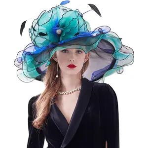 Z&X Women Organza Church Derby Hat Wide Brim Sun Hats for Wedding Tea Party Fascinator Hat, Dual-use