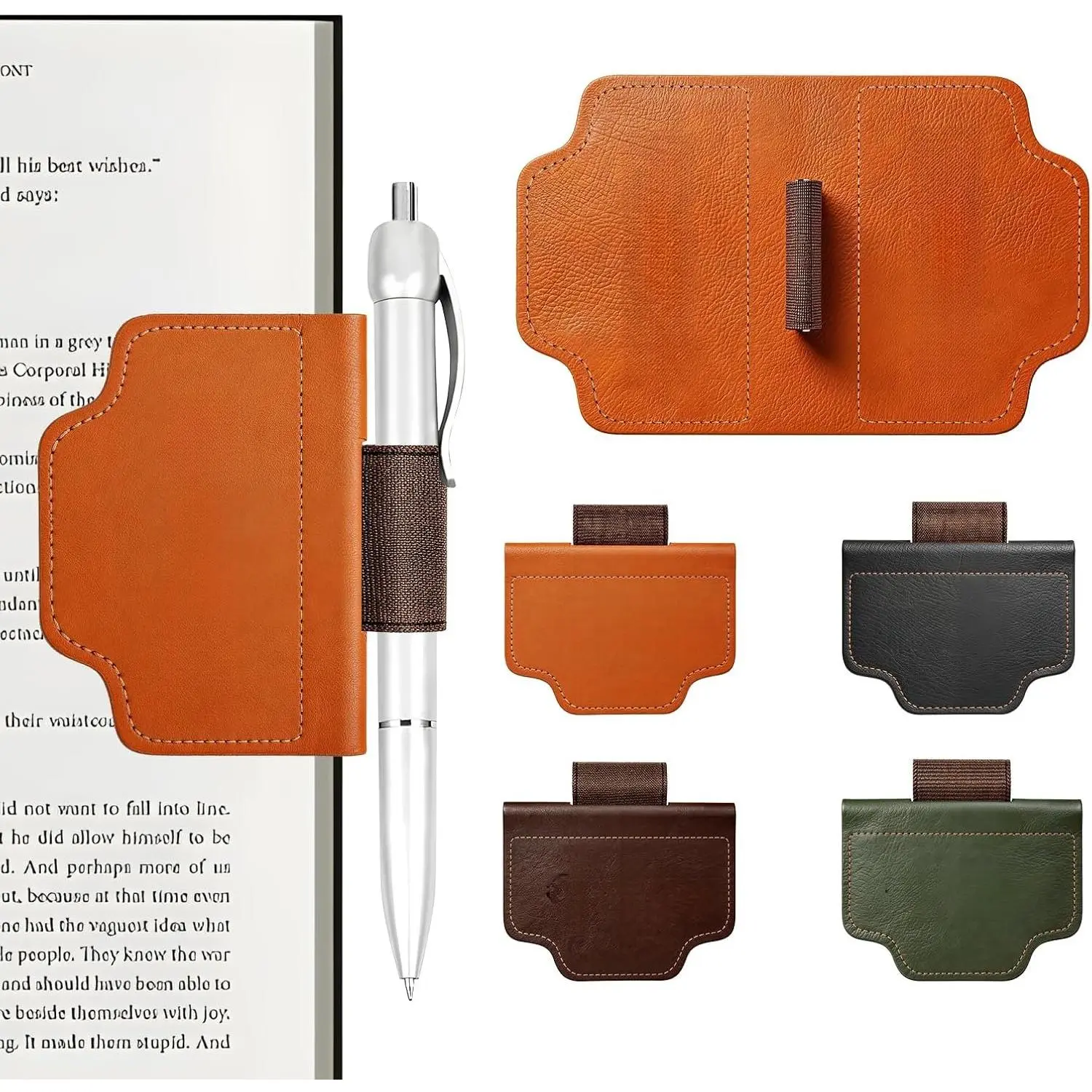 4-Pack  Leather Bookmarks with Integrated Pen Holder, Essential Reading Accessories for Book Lovers & Avid Readers, Slim Page Markers for  Study, Journaling & Planners