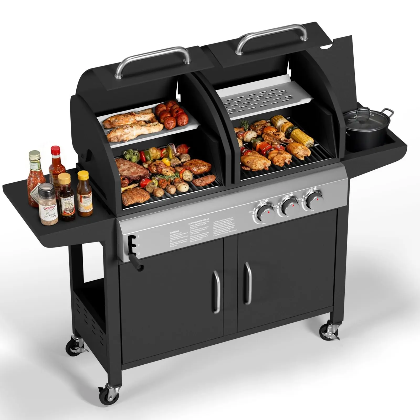 2-in-1 Propane Gas and Charcoal Grill Combo – 3-Disposable Outdoor BBQ with 24,000 BTU Main, 8,000 BTU Side Disposable, Stainless Steel, Rolling Cart, Storage Cabinet – Ideal for Backyard, Patio, Camping