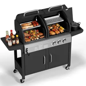 2-in-1 Propane Gas and Charcoal Grill Combo – 3-Disposable Outdoor BBQ with 24,000 BTU Main, 8,000 BTU Side Disposable, Stainless Steel, Rolling Cart, Storage Cabinet – Ideal for Backyard, Patio, Camping