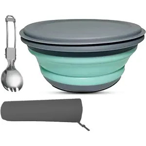 1000ml Collapsible Camping Bowl with Lid,1 Pack Silicone Salad Bowl Serving, Microwave Foldable Soup Ramen Serving for Travel, Picnic, Rv(Blue)